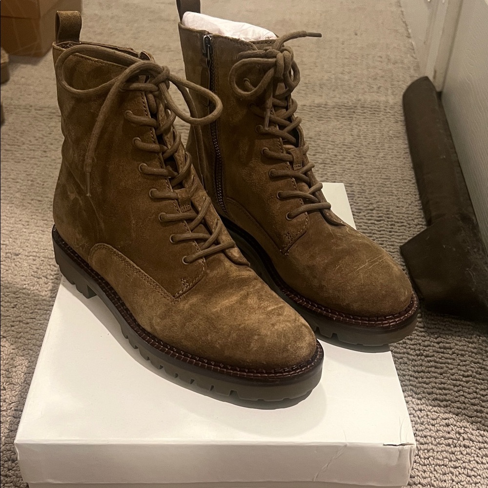 Vince Brown Suede Lace-Up Zip Combat Boots, Size 8